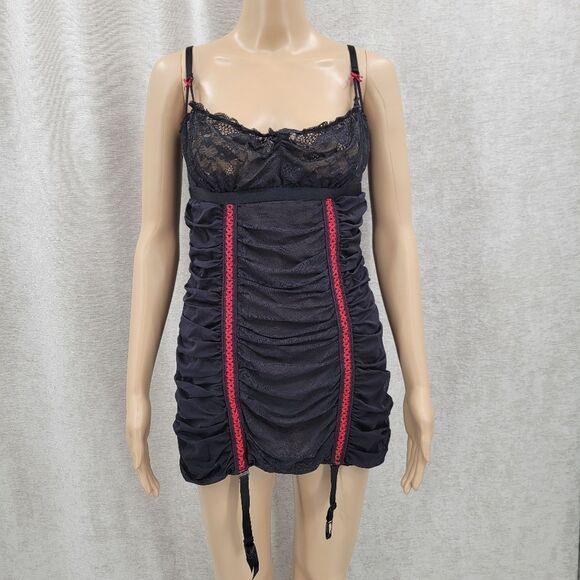 Frederick's of Hollywood Y2K Black Red Ruched Lace Chemise Mini Dress Garters - Picture 2 of 13